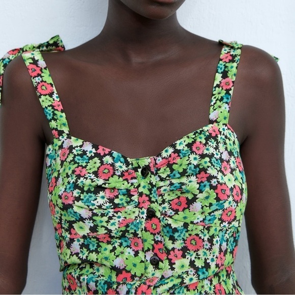 NWT ZARA Floral Print Button Front Midi Dress XS Green Pink Black - Picture 6 of 11